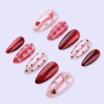 Valentine Cat Eye Press On Nails With Red Heart & Plaid Design | Almond Fake Nails | Handmade Nail Art for Date Night or Gift For Her - Image 2