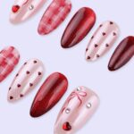 Valentine Cat Eye Press On Nails With Red Heart & Plaid Design | Almond Fake Nails | Handmade Nail Art for Date Night or Gift For Her - Image 5
