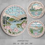 Nature Scenes SVG Bundle. Laser cut file for Glowforge, Flowers, forest, mountains, river, round sign wall decor