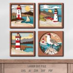 Lighthouse SVG Bundle. Laser cut file for Glowforge, Ocean, sea, seagull, sailboat, coast, nautical layered frame, wall decor