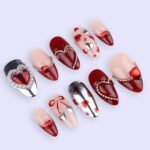 Luxury Valentine Press On Nails | Red Heart With Pearl And Silver Chrome Design | Almond Fake Nails | Handmade Nail Art for Date or Gift - Image 4
