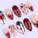 Luxury Valentine Press On Nails | Red Heart With Pearl And Silver Chrome Design | Almond Fake Nails | Handmade Nail Art for Date or Gift - Image 2