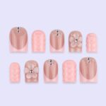 Blush Pink Press On Nails with 3D Flower | Nude Peach Handmade Fake Nails | Short Square Minimal Nail Art for Everyday or Gift