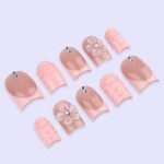 Blush Pink Press On Nails with 3D Flower | Nude Peach Handmade Fake Nails | Short Square Minimal Nail Art for Everyday or Gift - Image 4