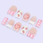 Pink Valentine Press On Nails | Strawberry & Heart Design with Pearl Details | Short Square Fake Nails | Handmade Nail Art for Date or Gift - Image 5