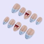 Blue Gingham French Tip Press On Nails with Red Bow | Nude Almond Fake Nails | Cute Handmade Nail Art for Everyday Wear or Gift - Image 5