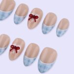 Blue Gingham French Tip Press On Nails with Red Bow | Nude Almond Fake Nails | Cute Handmade Nail Art for Everyday Wear or Gift - Image 3