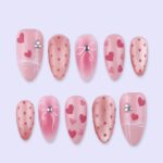 Pink Valentine Press On Nails | Heart & Bow Design with Polka Dots | Almond Fake Nails | Handmade Nail Art for Date or Gift