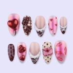 Sweet Valentine Press On Nails With Chocolate & Heart Design | 3D Fake Nails in Medium Almond | Handmade Nail Art for Date or Gift
