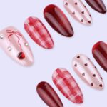 Valentine Cat Eye Press On Nails With Red Heart & Plaid Design | Almond Fake Nails | Handmade Nail Art for Date Night or Gift For Her - Image 3