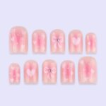 Pink Valentine Press On Nails | Sheer Blush Base with Heart & Bow Design | Cute Fake Nails in Short Square | Handmade Romantic Nail Art