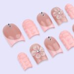 Blush Pink Press On Nails with 3D Flower | Nude Peach Handmade Fake Nails | Short Square Minimal Nail Art for Everyday or Gift - Image 2