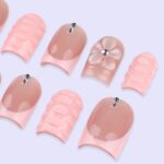 Blush Pink Press On Nails with 3D Flower | Nude Peach Handmade Fake Nails | Short Square Minimal Nail Art for Everyday or Gift - Image 3