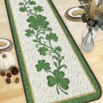 Emerald Green Shamrock Vine Quilted Table Runner, White Swirl Clover Embroidery Style Decor, St. Patrick's Day Elegant Dining Runner - LC349