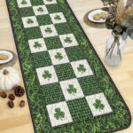 Green Gingham Shamrock Quilted Table Runner, Buffalo Plaid Clover Patchwork Quilt, St. Patrick's Day Kitchen Decor, Lucky Irish Table Run - LC451