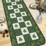 Green Gingham Shamrock Quilted Table Runner, Buffalo Plaid Clover Patchwork Quilt, St. Patrick's Day Kitchen Decor, Lucky Irish Table Run - LC487