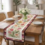 Spring Tulip and Sunflower Quilted Table Runner, Colorful Floral Table Decor, Red and Yellow Patchwork Quilt, Garden Style Dining Runner - LC338