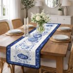 Blue and White Easter Bunny Quilted Table Runner, Porcelain Style Table Decor, Rabbit Floral Patchwork Quilt, Elegant Easter Dining Runner - LC148 - Image 3