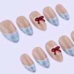 Blue Gingham French Tip Press On Nails with Red Bow | Nude Almond Fake Nails | Cute Handmade Nail Art for Everyday Wear or Gift - Image 2