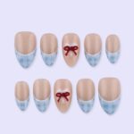 Blue Gingham French Tip Press On Nails with Red Bow | Nude Almond Fake Nails | Cute Handmade Nail Art for Everyday Wear or Gift