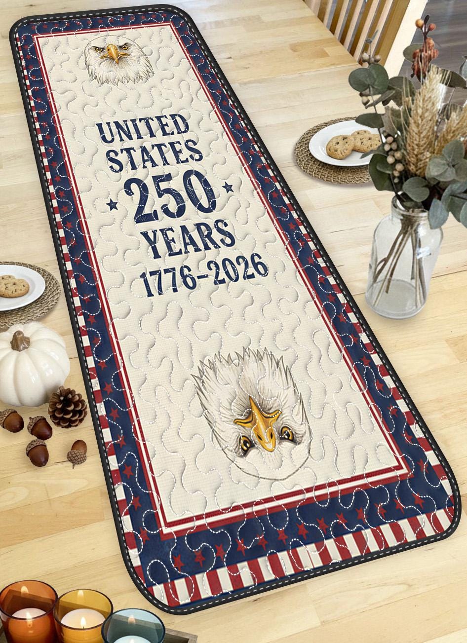 il_fullxfull.7668013118_6srp-12 United States 250 Years Quilted Table Runner, 1776-2026 Patriotic Eagle Table Decor, American Flag Stars and Stripes Quilt, Holiday Decor - LC448 - Image 1
