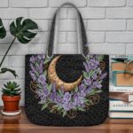 Moon and Lavender Quilted Tote Bag, Purple Floral Celestial Patchwork Quilt Bag, Gold Crescent Moon Handbag, Botanical Garden Gift for Her - LC181