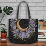 Moon and Lavender Quilted Tote Bag, Purple Floral Celestial Patchwork Quilt Bag, Gold Crescent Moon Handbag, Botanical Garden Gift for Her - LC288