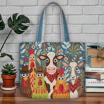 Farmhouse Friends Quilted Tote Bag, Blue Floral Patchwork Quilt Bag with Rooster Cow and Goat,Colorful Country Animal Handbag, Folk Art Gift - LC103