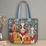 Farmhouse Friends Quilted Tote Bag, Blue Floral Patchwork Quilt Bag with Rooster Cow and Goat,Colorful Country Animal Handbag, Folk Art Gift - LC247 - Image 2
