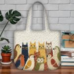 Cats and Birds Quilted Tote Bag,Cream Patchwork Quilt Bag with Tall Cats and Owls, Whimsical Animal Illustration Handbag,Cute Pet Lover Gift - LC071 - Image 2