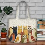 Cats and Birds Quilted Tote Bag,Cream Patchwork Quilt Bag with Tall Cats and Owls, Whimsical Animal Illustration Handbag,Cute Pet Lover Gift - LC287 - Image 2