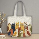 Cats and Birds Quilted Tote Bag,Cream Patchwork Quilt Bag with Tall Cats and Owls, Whimsical Animal Illustration Handbag,Cute Pet Lover Gift - LC035