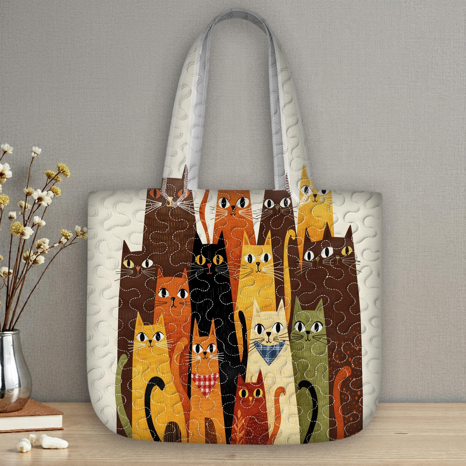il_fullxfull.7672128536_nh09-13 Colorful Cats Quilted Tote Bag, Tall Kitty Patchwork Quilt Bag, Whimsical Feline Handbag for Cat Lovers, Vibrant Animal Print Shoulder Bag - LC496 - Image 1