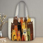 Colorful Cats Quilted Tote Bag, Tall Kitty Patchwork Quilt Bag, Whimsical Feline Handbag for Cat Lovers, Vibrant Animal Print Shoulder Bag - LC101
