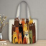 Colorful Cats Quilted Tote Bag, Tall Kitty Patchwork Quilt Bag, Whimsical Feline Handbag for Cat Lovers, Vibrant Animal Print Shoulder Bag - LC210