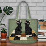 Black Cats Quilted Tote Bag, Green Patchwork Quilt Bag with Two Black Cats on Rug, Lucky Cat Handbag, Minimalist Animal Gift for Her - LC214