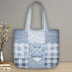 Blue Denim Paw Print Quilted Tote Bag, Gingham Patchwork Quilt Purse, Puppy Dog Handbag, Pet Lover Gift, Light Blue Quilted Shoulder Bag - LC140 - Image 2
