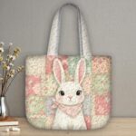 White Bunny Quilted Tote Bag, Pink Floral Patchwork Quilt Purse, Spring Rabbit Handbag, Easter Bunny Gift, Shabby Chic Quilted Shoulder Bag - LC409