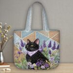 Black Cat and Lavender Quilted Tote Bag, Blue Geometric Patchwork Handbag, Floral Feline Purse, Cat Lover Gift, Botanical Quilt Tote Bag - LC336