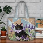 Black Cat and Lavender Quilted Tote Bag, Blue Geometric Patchwork Handbag, Floral Feline Purse, Cat Lover Gift, Botanical Quilt Tote Bag - LC300 - Image 2