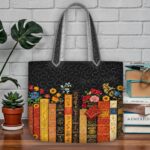 Vintage Book Quilted Tote Bag, Black Bookshelf Patchwork Quilt Bag, Sunflower & Rose Bookish Handbag, Reader Gift, Library Aesthetic Bag - LC365
