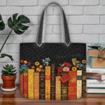 Vintage Book Quilted Tote Bag, Black Bookshelf Patchwork Quilt Bag, Sunflower & Rose Bookish Handbag, Reader Gift, Library Aesthetic Bag - LC221