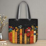 Vintage Book Quilted Tote Bag, Black Bookshelf Patchwork Quilt Bag, Sunflower & Rose Bookish Handbag, Reader Gift, Library Aesthetic Bag - LC401 - Image 2