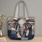 Elephant Patchwork Quilted Tote Bag, Blue and Tan Quilt Art Purse, Bohemian Elephant Handbag, Large Capacity Tote, Unique Gift for Women - LC198 - Image 2