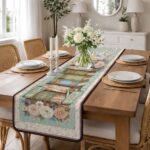 Sage Green Floral Bookshelf Quilted Table Runner, Vintage Watering Can Table Decor, Easter Table Runner, Botanical Library Home Decor - LC200