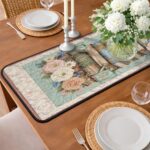 Sage Green Floral Bookshelf Quilted Table Runner, Vintage Watering Can Table Decor, Easter Table Runner, Botanical Library Home Decor - LC503 - Image 3