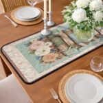 Sage Green Floral Bookshelf Quilted Table Runner, Vintage Watering Can Table Decor, Easter Table Runner, Botanical Library Home Decor - LC093 - Image 3