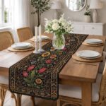 Dark Floral Quilted Table Runner, Black Red Tulip Table Decor, Vintage Gothic Style Flower Patchwork Quilt, Elegant Dining Room Decor - LC326