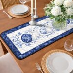 Blue and White Easter Bunny Quilted Table Runner, Porcelain Style Table Decor, Rabbit Floral Patchwork Quilt, Elegant Easter Dining Runner - LC148