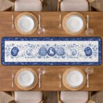 Blue and White Easter Bunny Quilted Table Runner, Porcelain Style Table Decor, Rabbit Floral Patchwork Quilt, Elegant Easter Dining Runner - LC180 - Image 2